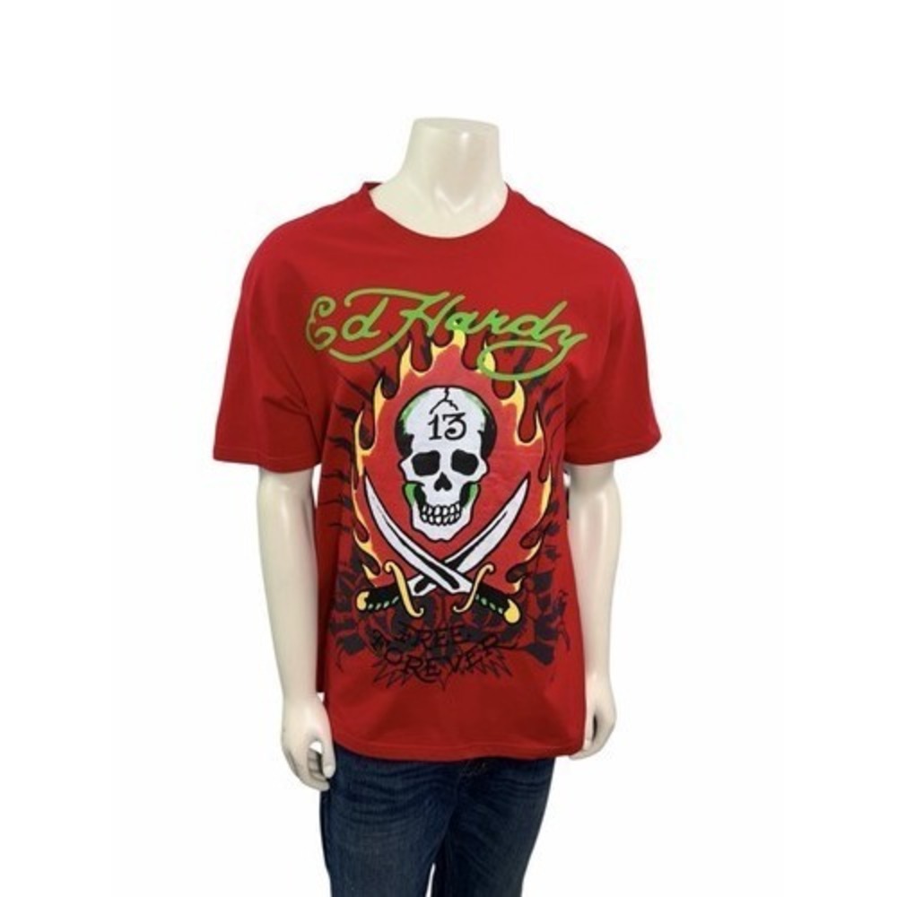 Ed Hardy Short Sleeve Tattoo Flame Skull Lucky 13 Red T-Shirt Men's Size Medium